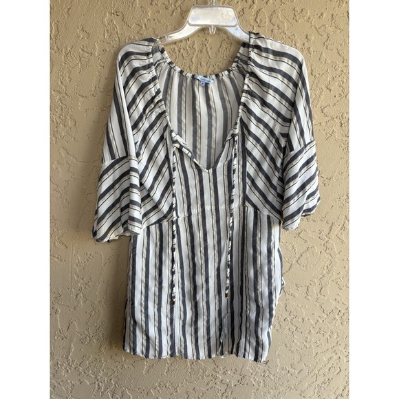 Blue Island Beach Boho Bell Sleeve Striped Blouse Woman’s Medium White/Navy/Gold - Picture 2 of 11